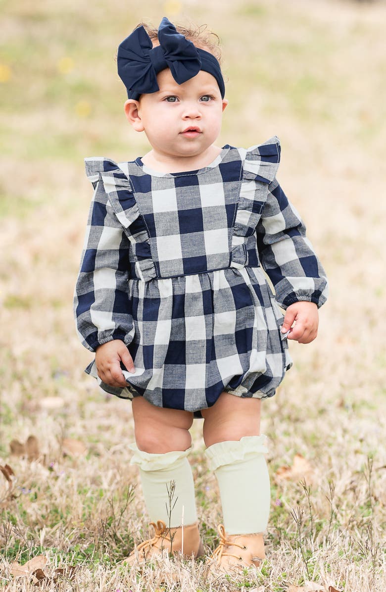 RuffleButts Kids' Navy Plaid Bubble Romper & Head Wrap Set, Alternate, color,