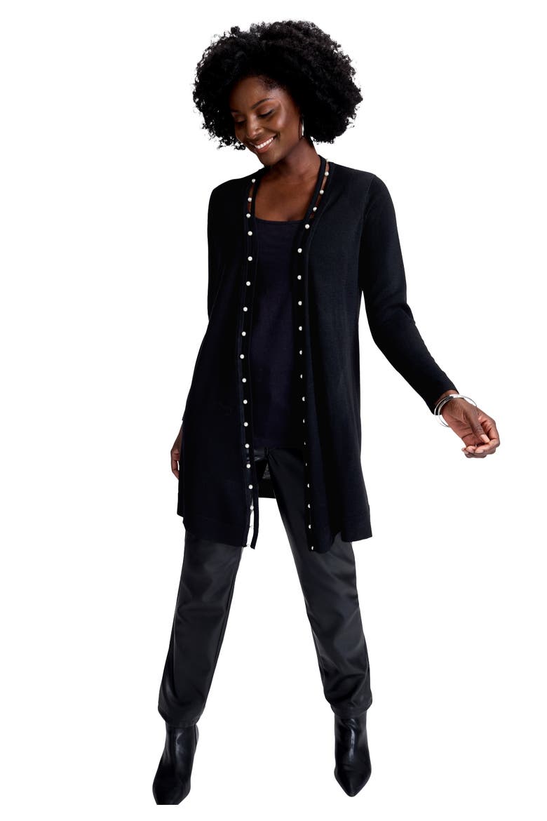Pearl Trim Carefree Cashmere Cardigan, Main, color, BLACK