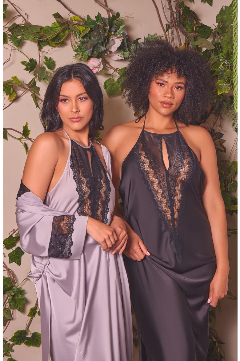 Lace Trim Satin Long Robe, Alternate, color, Silver-Black