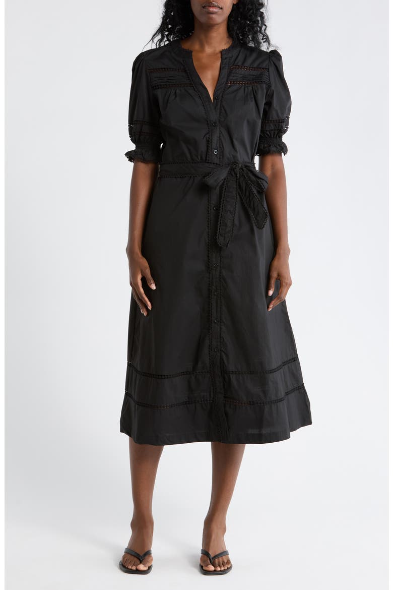 Rickrack Trim Puff Sleeve Cotton Poplin Dress, Main, color, BLACK