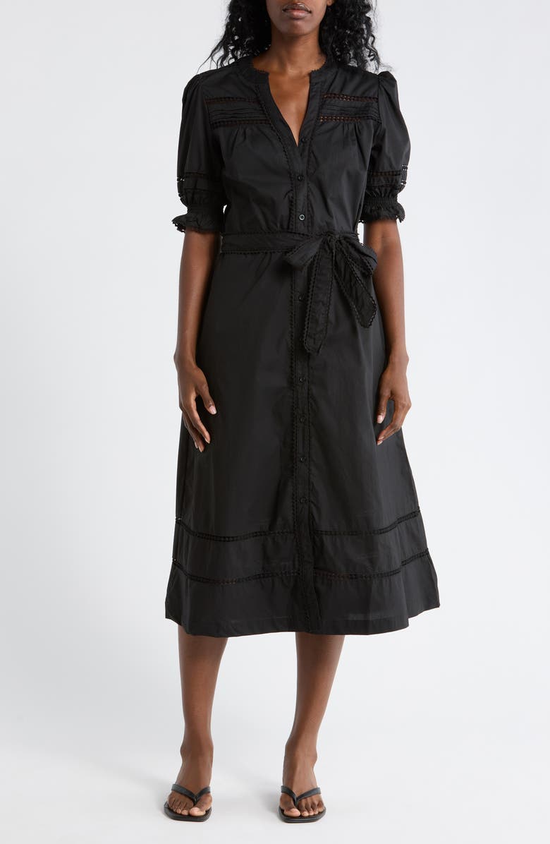 Ellen Tracy Rickrack Trim Puff Sleeve Cotton Poplin Dress, Main, color, Black