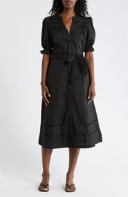 Ellen Tracy Rickrack Trim Puff Sleeve Cotton Poplin Dress
