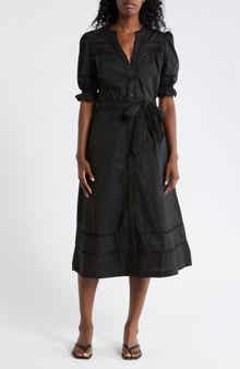 Ellen Tracy Rickrack Trim Puff Sleeve Cotton Poplin Dress