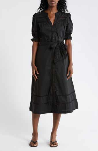 Ellen Tracy Rickrack Trim Puff Sleeve Cotton Poplin Dress