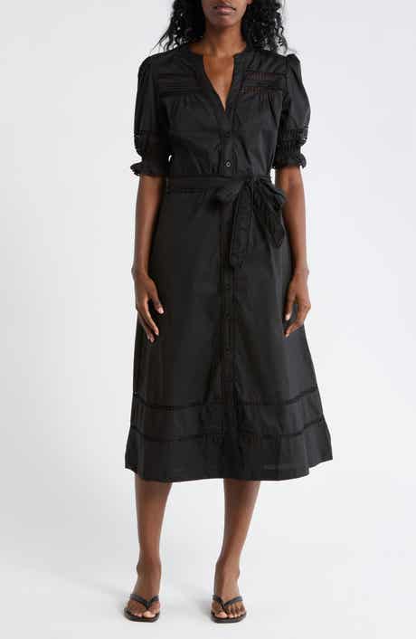 Ellen Tracy Rickrack Trim Puff Sleeve Cotton Poplin Dress