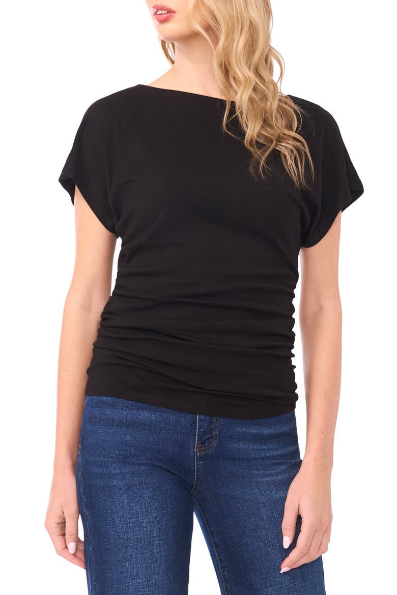 Shirred Dolman Short Sleeve Ponte Top, Main, color, RICH BLACK
