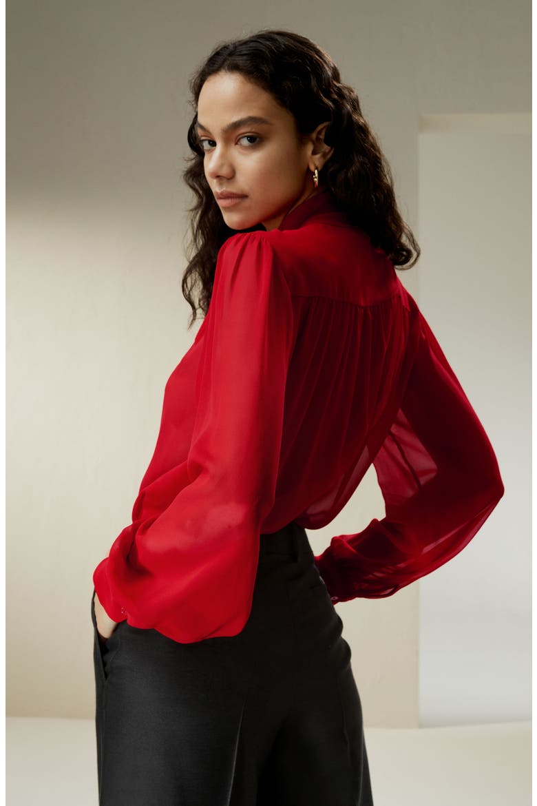Women's Bow Tie Silk Jasmine Blouse, Alternate, color, Pomegranate Red