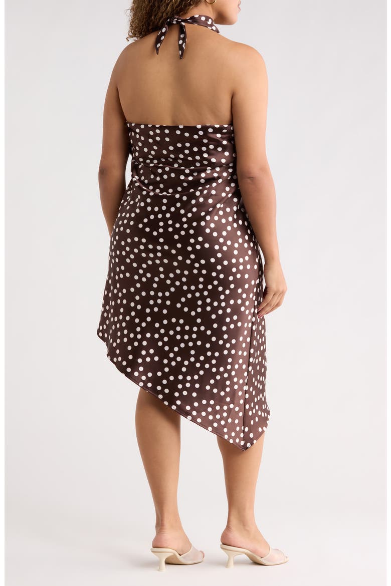 Polka Dot Asymmetric Hem Satin Halter Dress, Alternate, color, BROWN