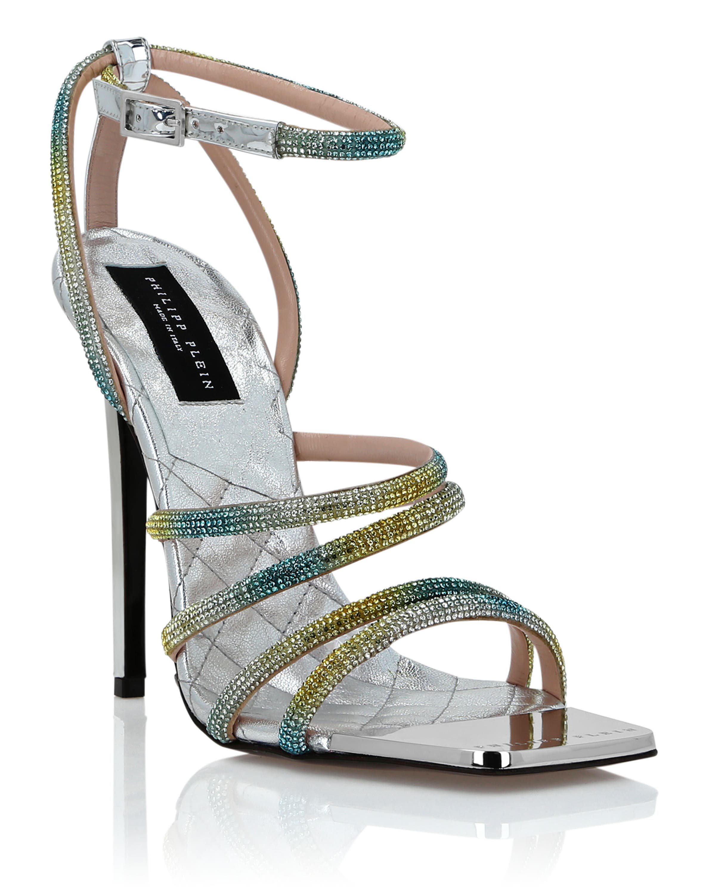 Mirror Leather Sandals Hi-Heels Crystal Women, Main, color, Silver