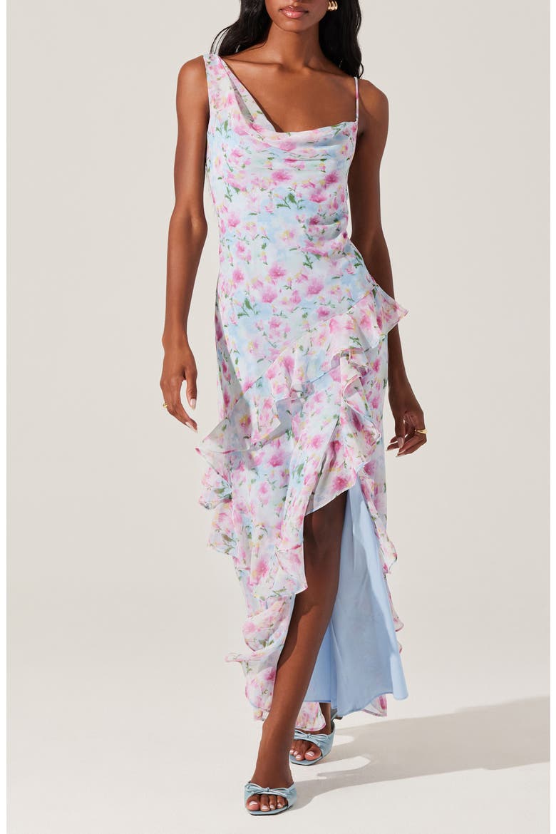 Levina Asymmetric Ruffle Chiffon Maxi Dress, Main, color, BLUE FLORAL