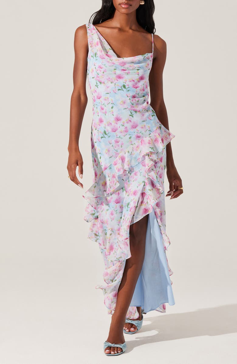 ASTR the Label Levina Asymmetric Ruffle Chiffon Maxi Dress, Main, color, Blue Floral