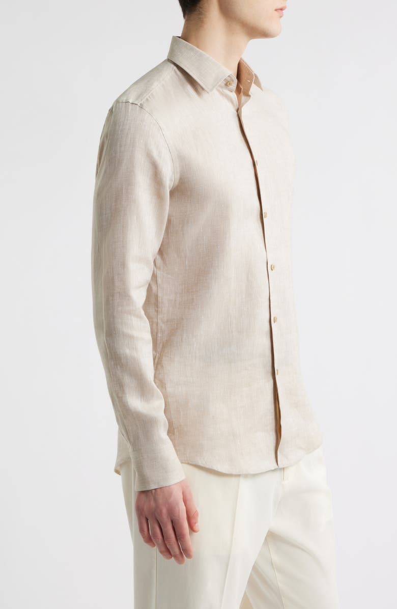 BOSS Hank Slim Fit Slub Linen Button-Up Shirt, Alternate, color, Light Brown