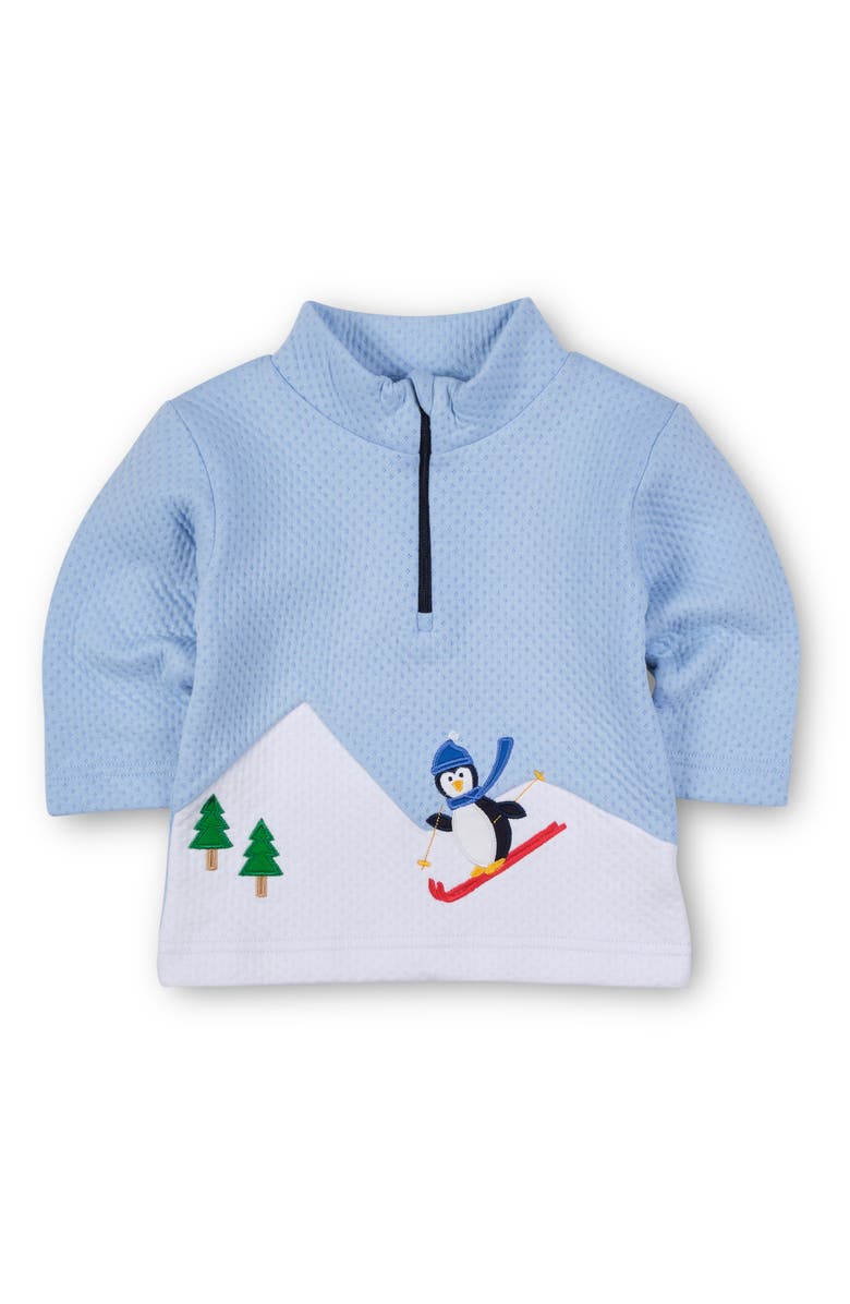 Florence Eiseman Jacquard Knit Half Zip With Skiing Penguin, Main, color, Light Blue, White