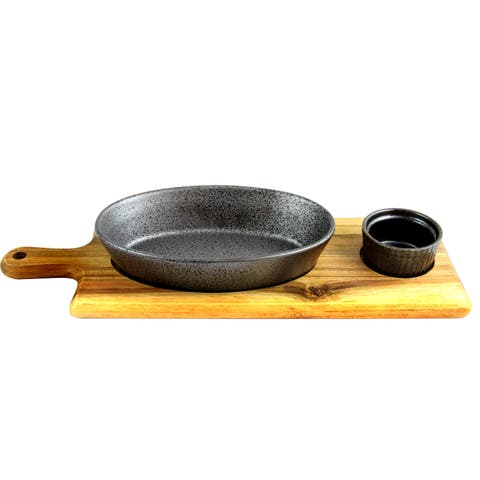 Gracious Dining 3-Piece Reactive Fine Ceramic Bowl Set With Acacia Wood Tray