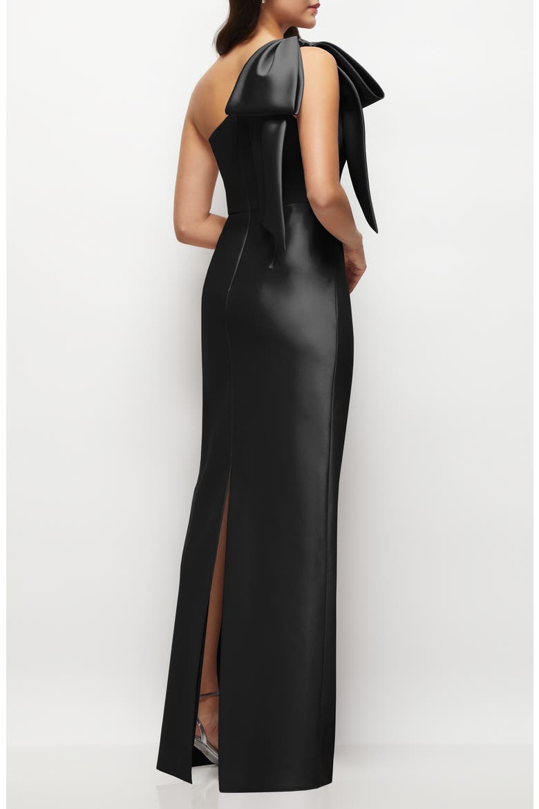 Bow Detail One-Shoulder Satin Twill Column Gown, Alternate, color, BLACK