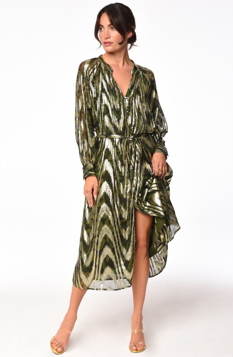 CIEBON Seneca Metallic Long Sleeve Midi Shirtdress, Alternate, color, Green