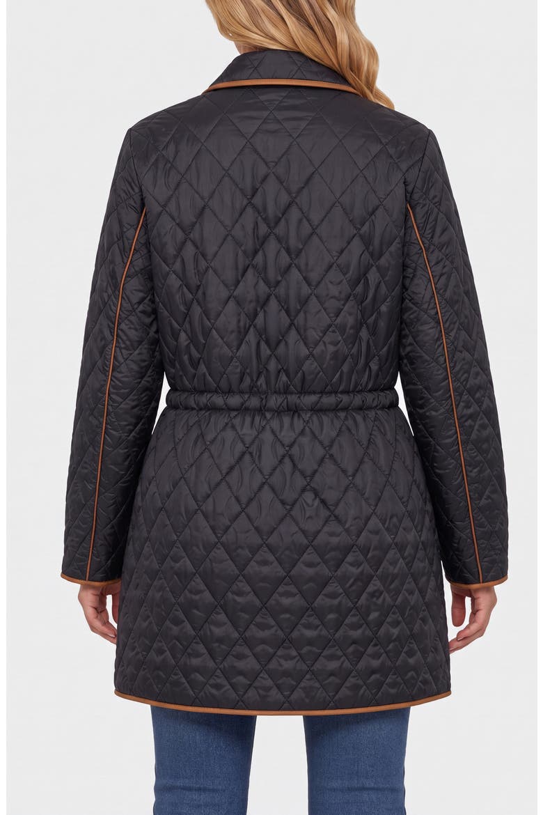 Faux Leather Trim Quilted Coat with Cinch Waist, Alternate, color, BLACK