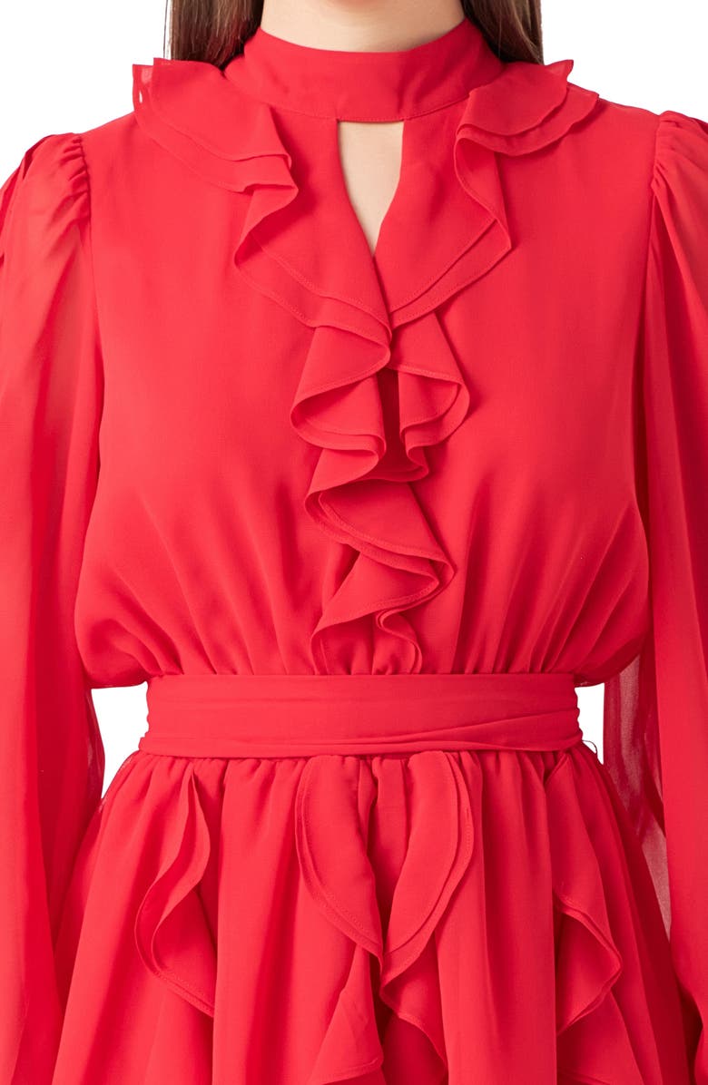 Endless Rose Ruffle Detail Long Sleeve Chiffon Minidress, Alternate, color, Red