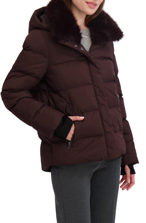 Tahari Vera Faux Fur Trim Hooded Puffer Coat In Burgundy