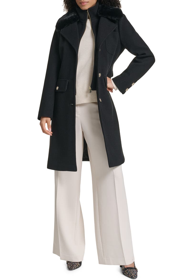 Faux Fur Collar Walker Coat with Bib, Alternate, color, BLACK