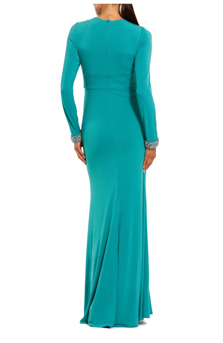 Mac Duggal Jersey Long Sleeve Twist Neck Evening Gown, Alternate, color, Teal