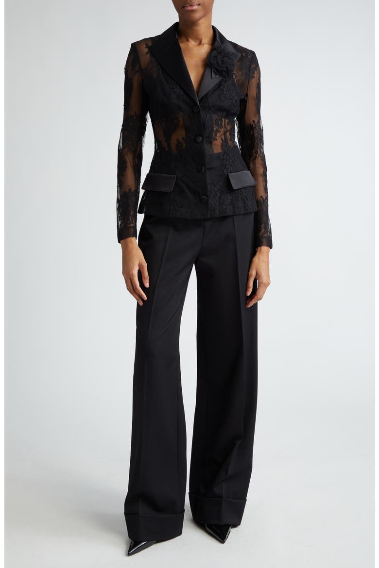 Sheer Floral Lace & Satin Jacket, Alternate, color, N0000 NERO