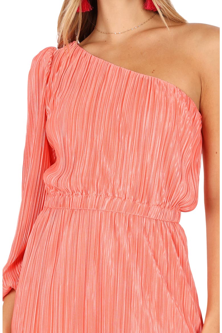 Pontee Pleated One-Shoulder Midi Dress, Alternate, color, CORAL