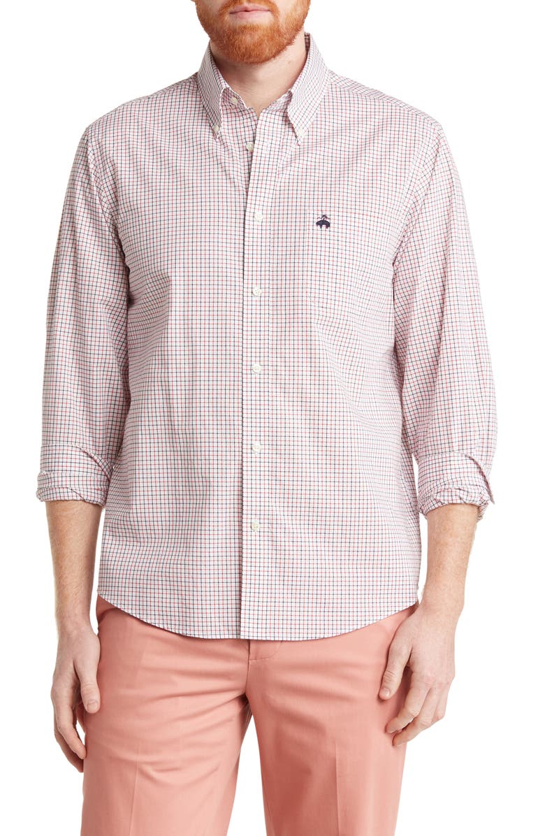 Brooks Brothers Windowpane Plaid Button-Down Cotton Poplin Shirt, Main, color, 