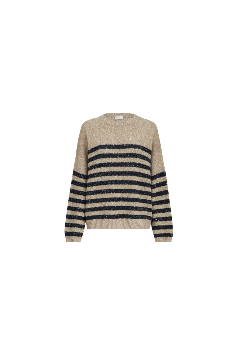 Mouliné soft virgin wool and cashmere sweater with dazzling stripes, Alternate, color, Beige