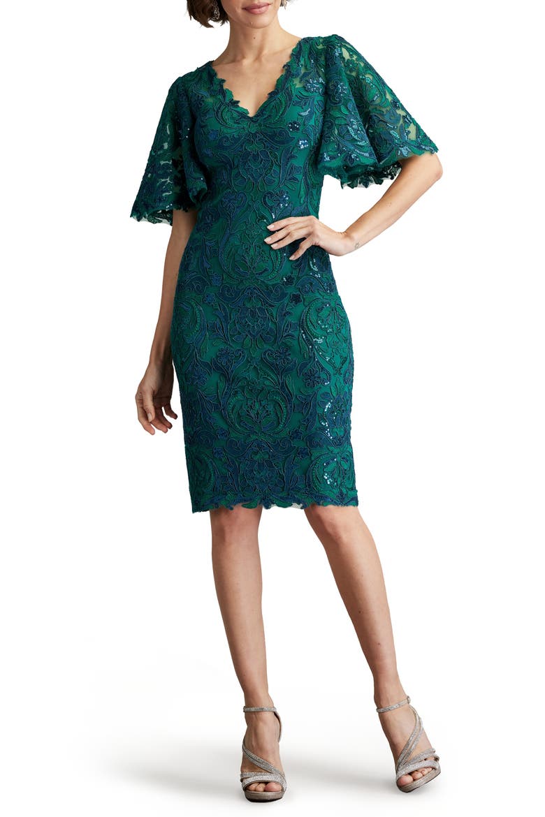 Sequin Lace Bell Sleeve Cocktail Dress, Main, color, TEA LEAF