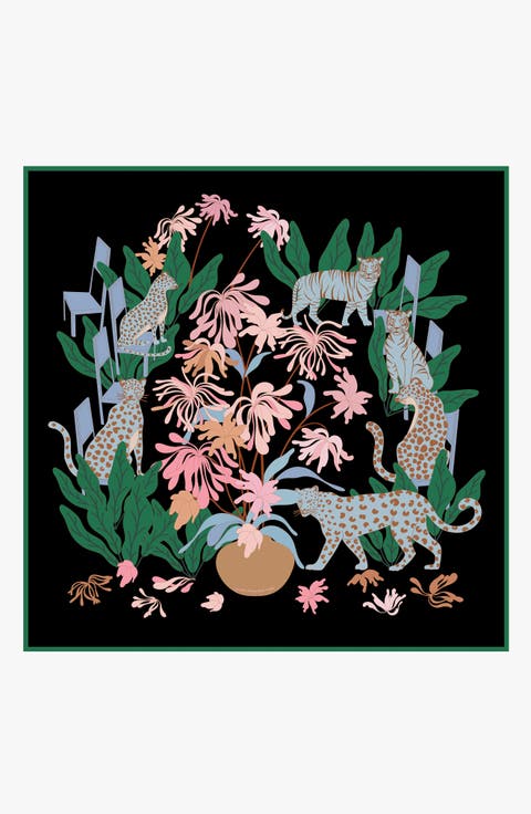 Double Sided Silk Scarf Night Jungle Gathering