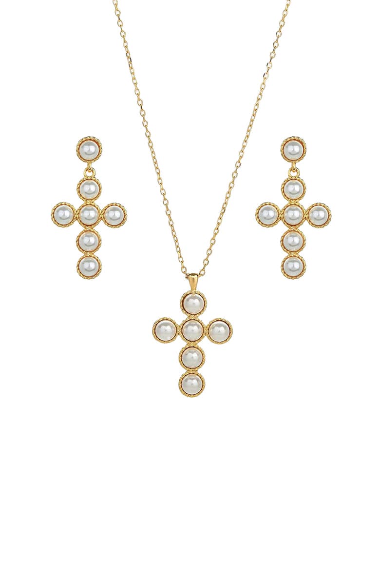 Sterling Silver 18k Gold Plated Victoria Cross Pearl Necklace & Earring Set, Main, color, Gold