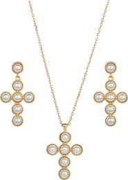 Bearfruit Jewelry Sterling Silver 18k Gold Plated Victoria Cross Pearl Necklace & Earring Set