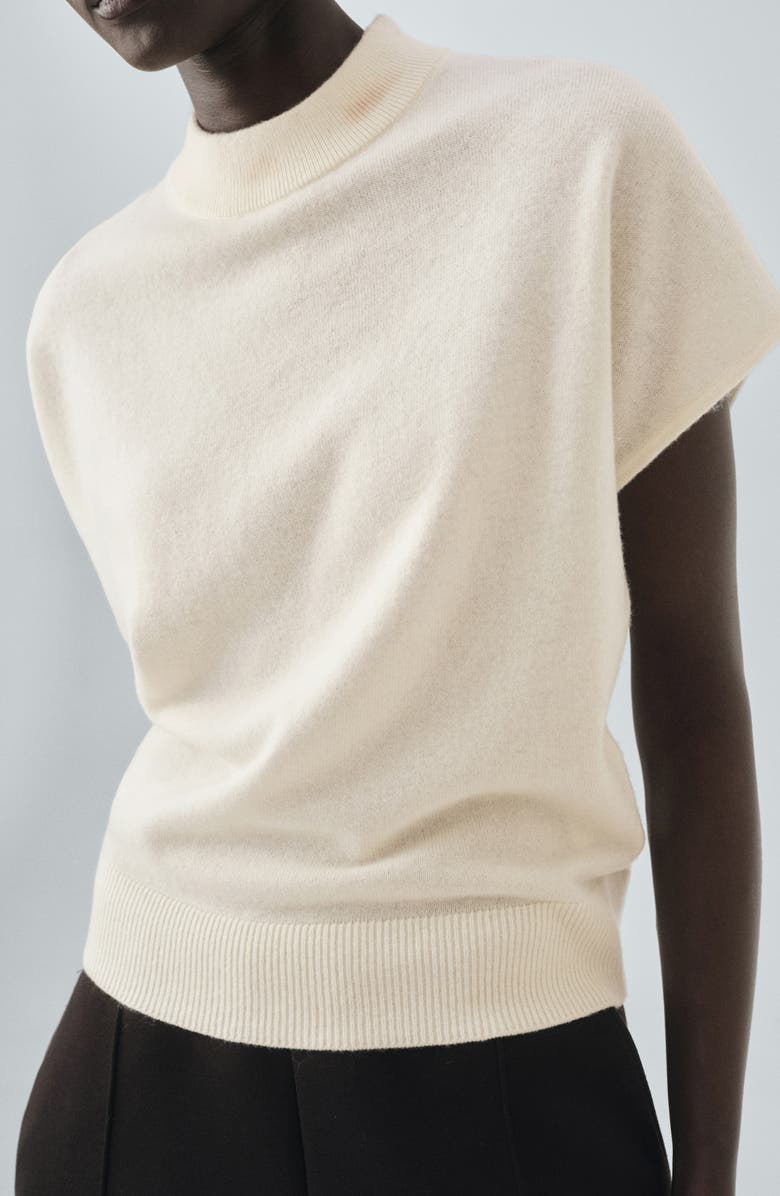 MANGO Selection Mock Neck Short Sleeve Wool & Cashmere Sweater, Alternate, color, Ecru