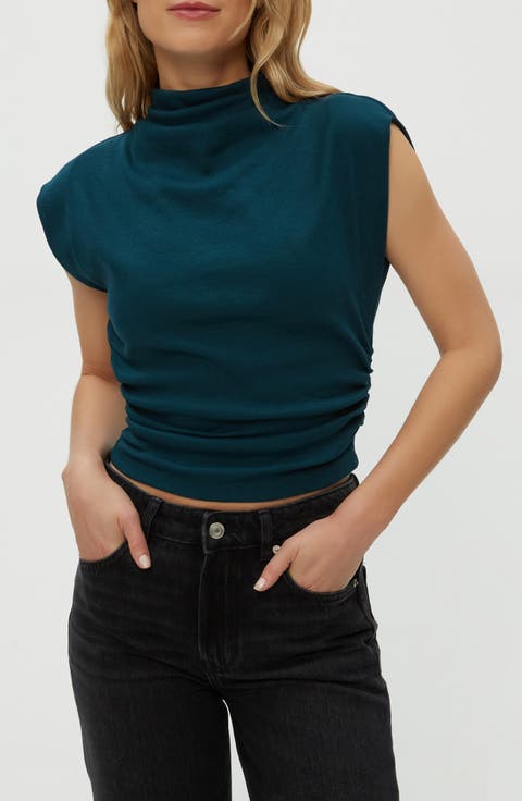 Amara Ruched Cowl Neck Rib T-Shirt