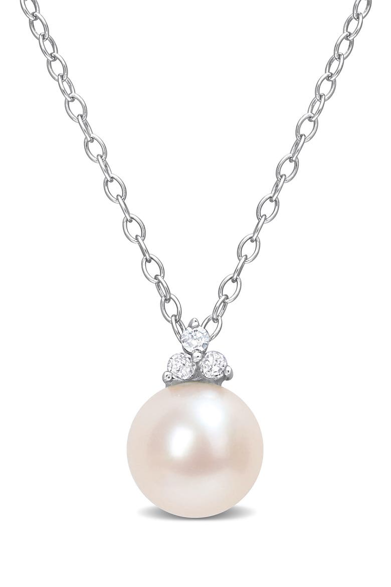 Sterling Silver 8–8.5mm Cultured Freshwater Pearl & Diamond Pendant Necklace - 0.07ct., Main, color, WHITE