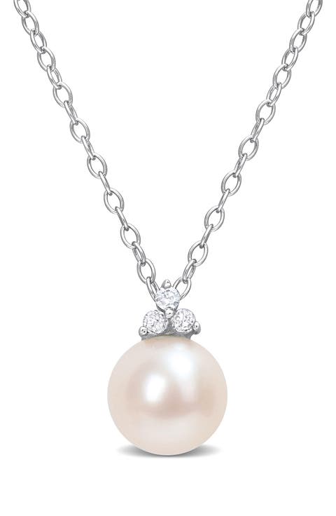 Sterling Silver 8–8.5mm Cultured Freshwater Pearl & Diamond Pendant Necklace - 0.07ct.