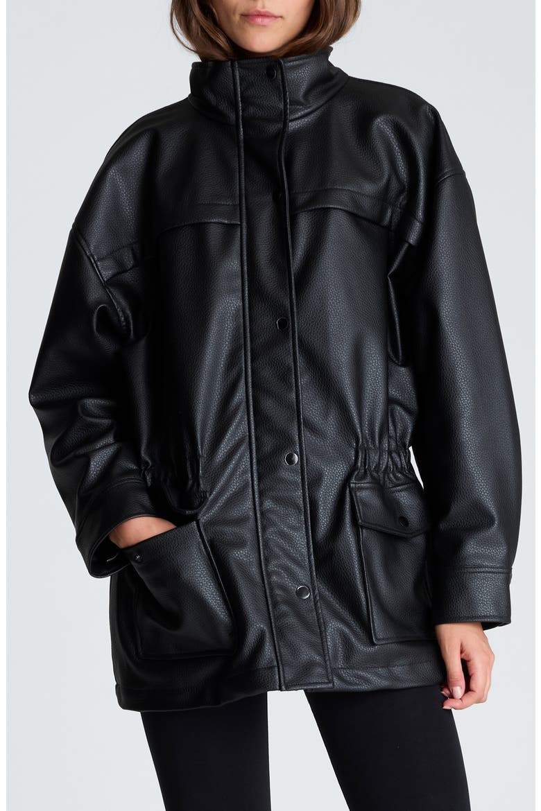Faux Leather Cinch Waist Anorak, Main, color, BLACK