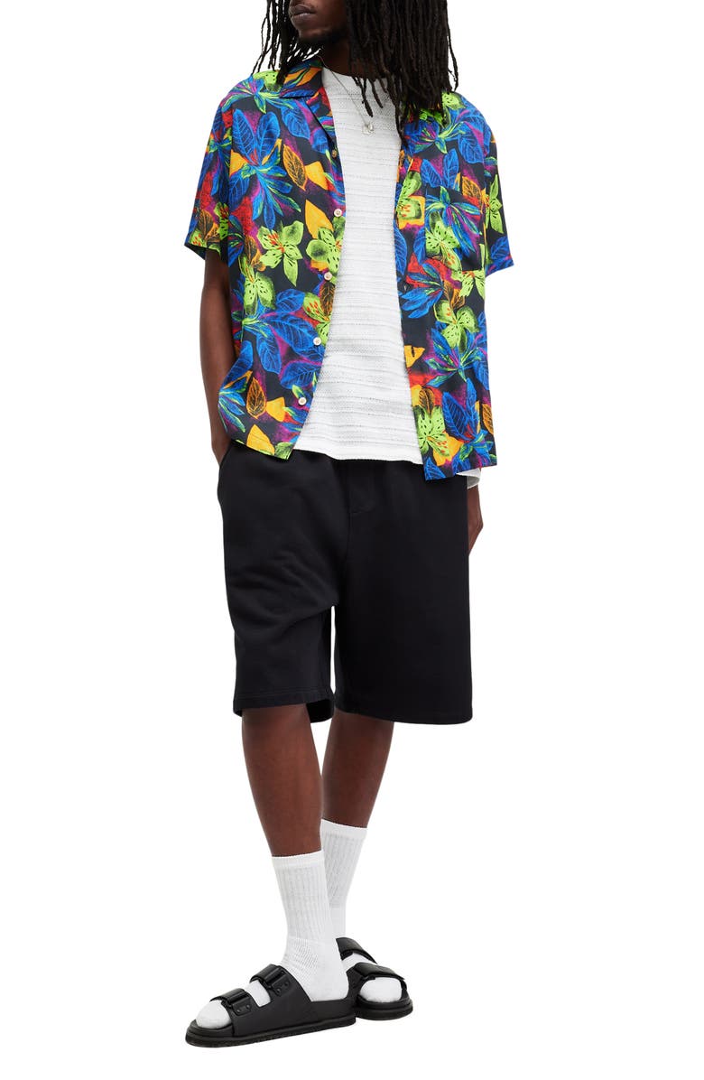 AllSaints Goldfarb Floral Convertible Collar Camp Shirt, Alternate, color, Jet Black