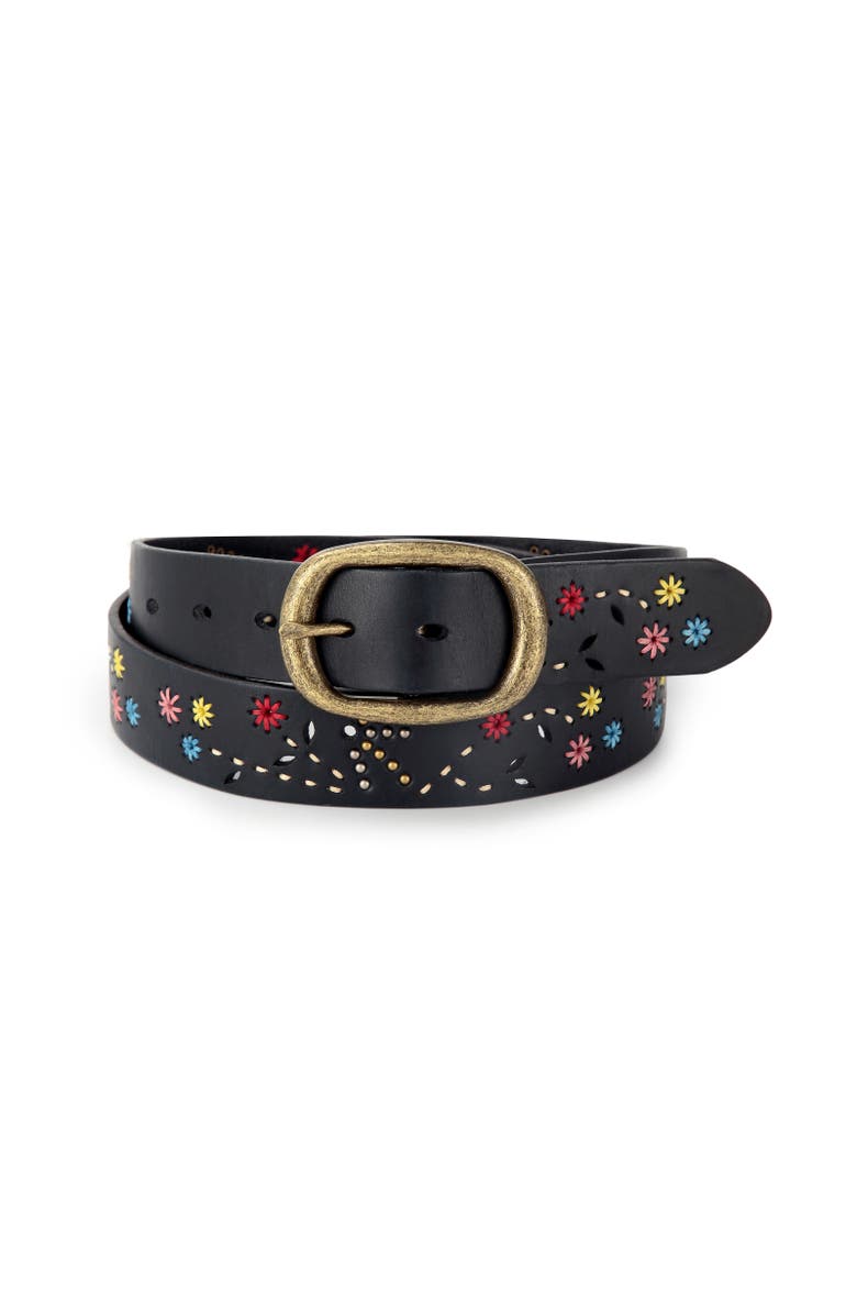 OLD TREND Blossom Genuine Leather Hand Stitched Colorful Detail Belt, Main, color, Black