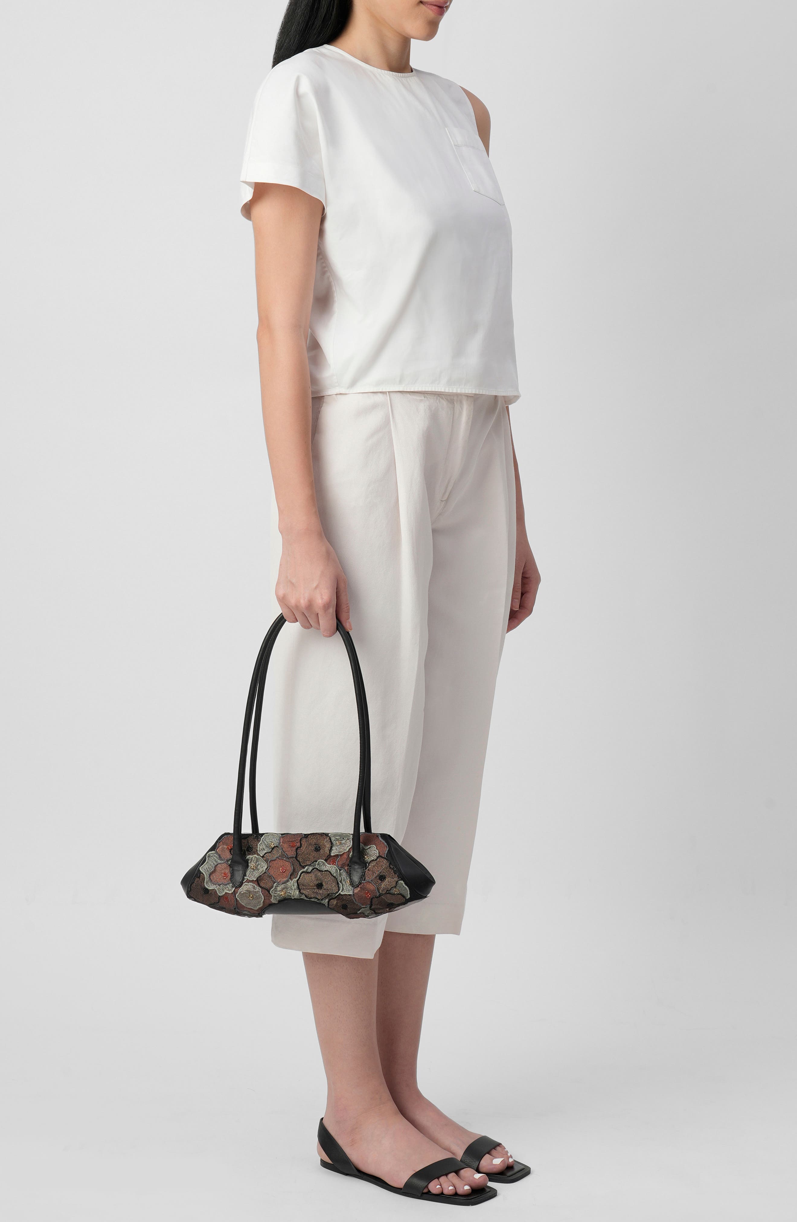Elizabeth Mini Floral Quilted Leather Baguette Bag, Alternate, color, BLACK/ CACAO