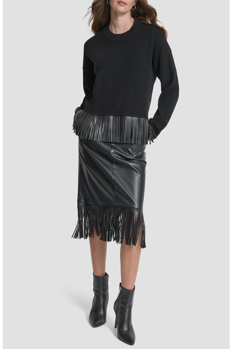 Faux Leather Fringe Sweater, Alternate, color, BLACK