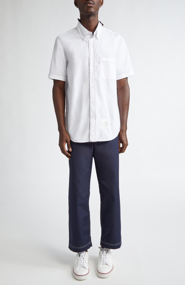 Thom Browne Straight Fit Short Sleeve Cotton Poplin Button-Down Shirt, Alternate, color, White