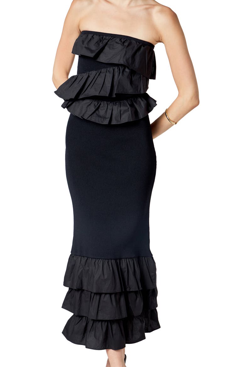 Ruffle Detail Mixed Media Strapless Dress, Alternate, color, BLACK