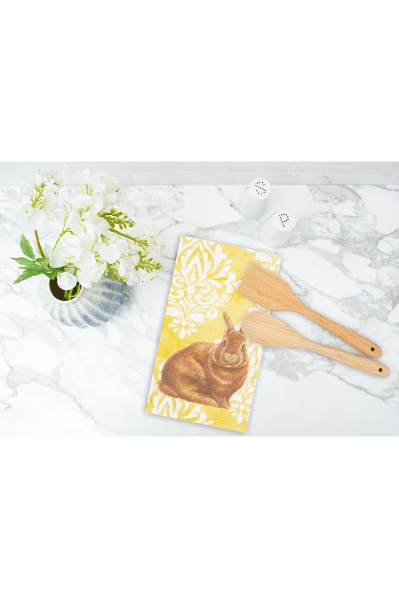 Damask Yellow Bunny Cotton Kitchen Towel, Alternate, color, Yellow