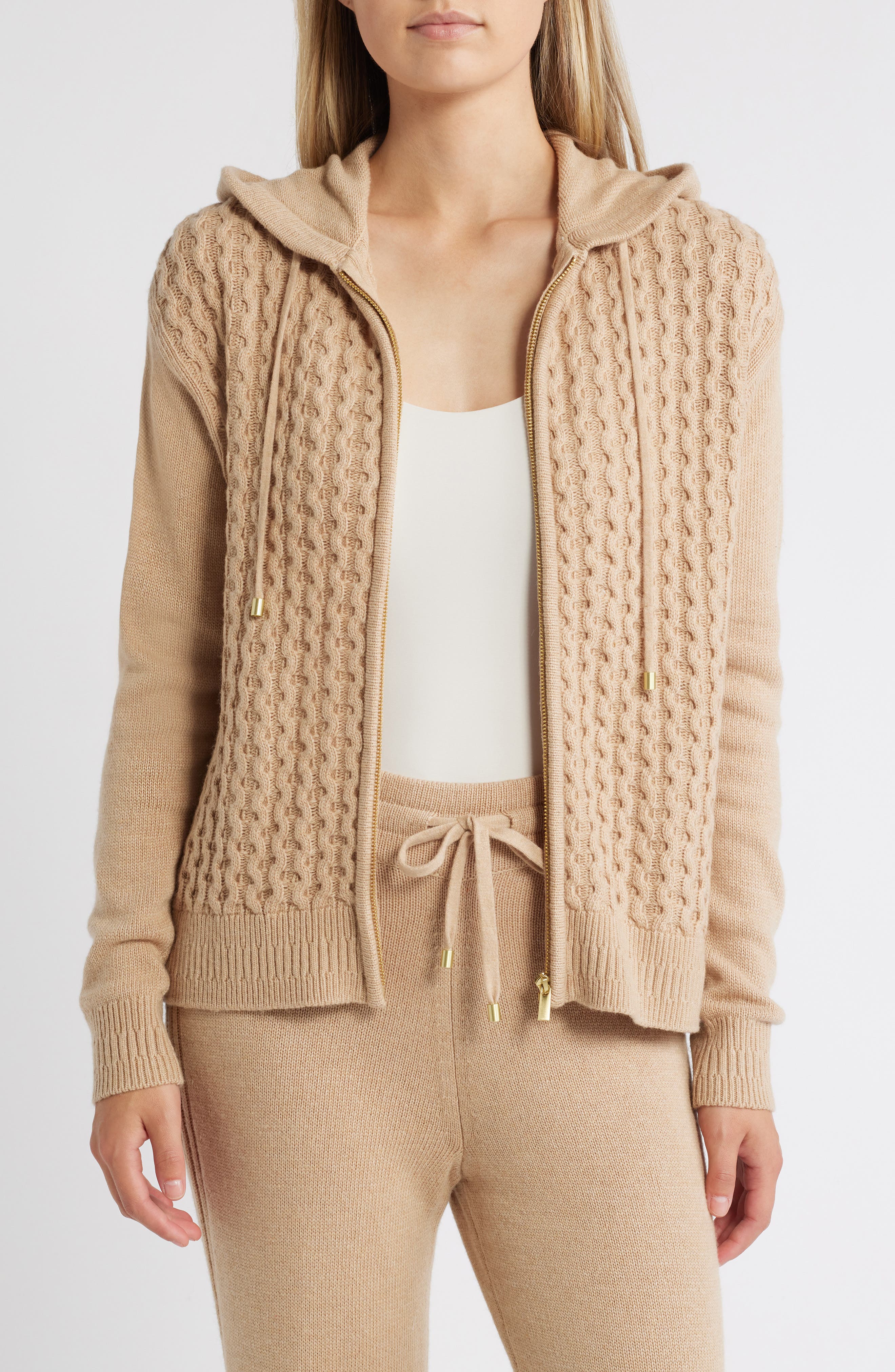 Anne Klein Cable Stitch Zip Hoodie in Latte 