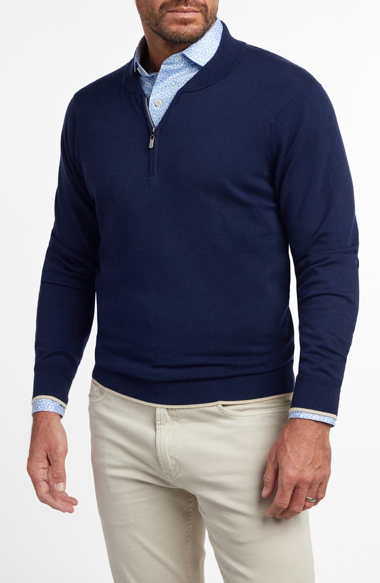 David Donahue Tipped Cotton Blend Quarter Zip Sweater, Main, color, Navy