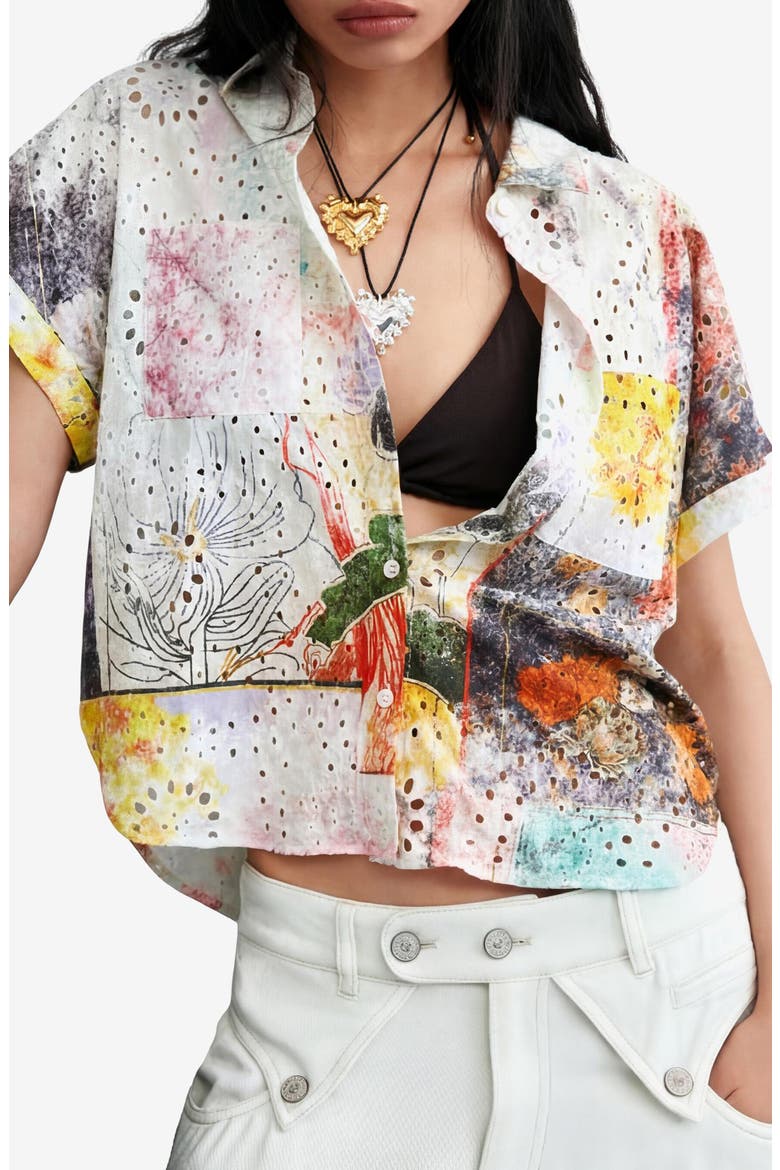 Floral Print Eyelet Button-Up Shirt, Main, color, MULTI