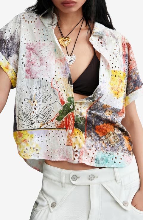 Floral Print Eyelet Button-Up Shirt