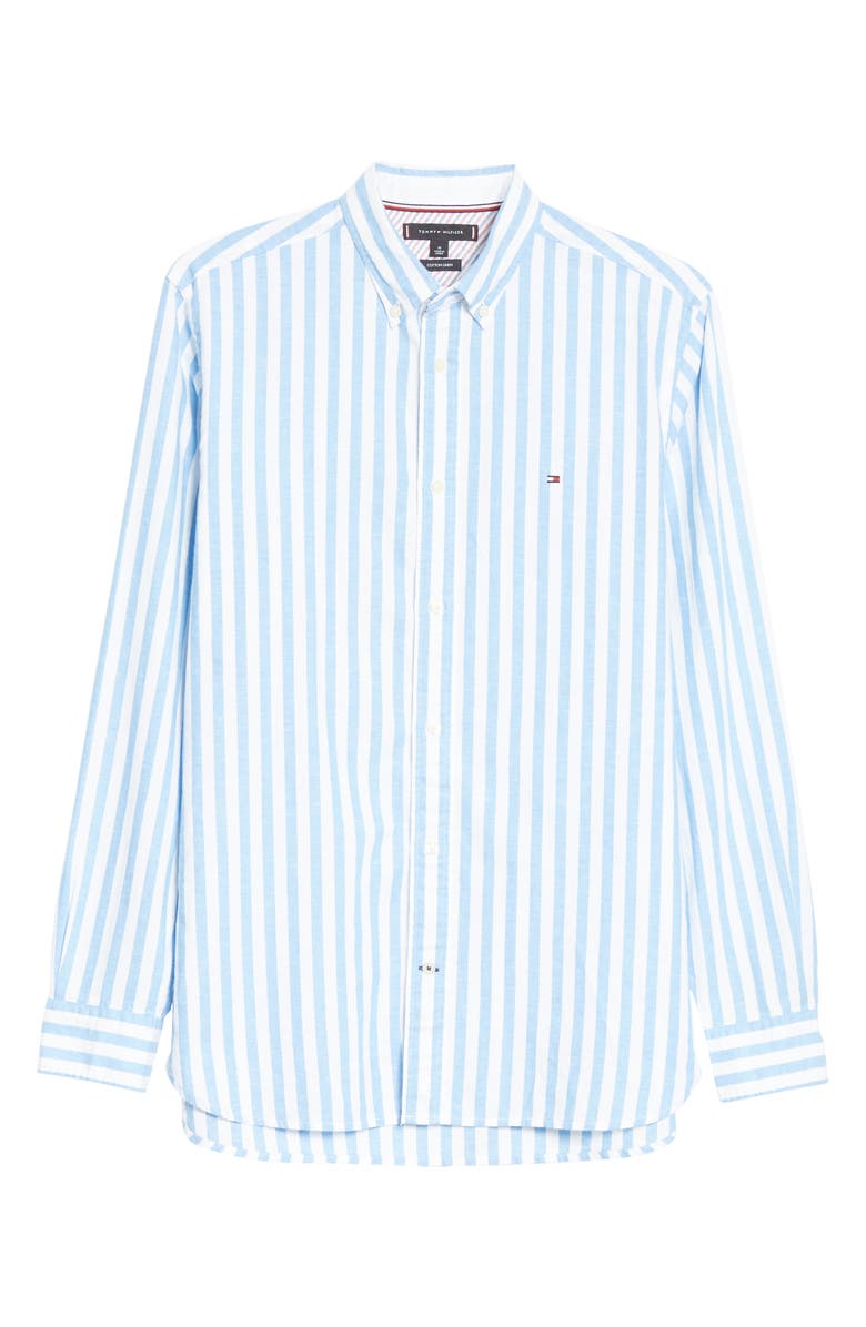 Tommy Hilfiger Regular Fit Stripe Cotton & Linen Button-Down Shirt, Main, color, 
